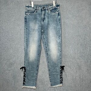 BLANK NYC High Rise Tapered Lace Up Raw Hem Jean